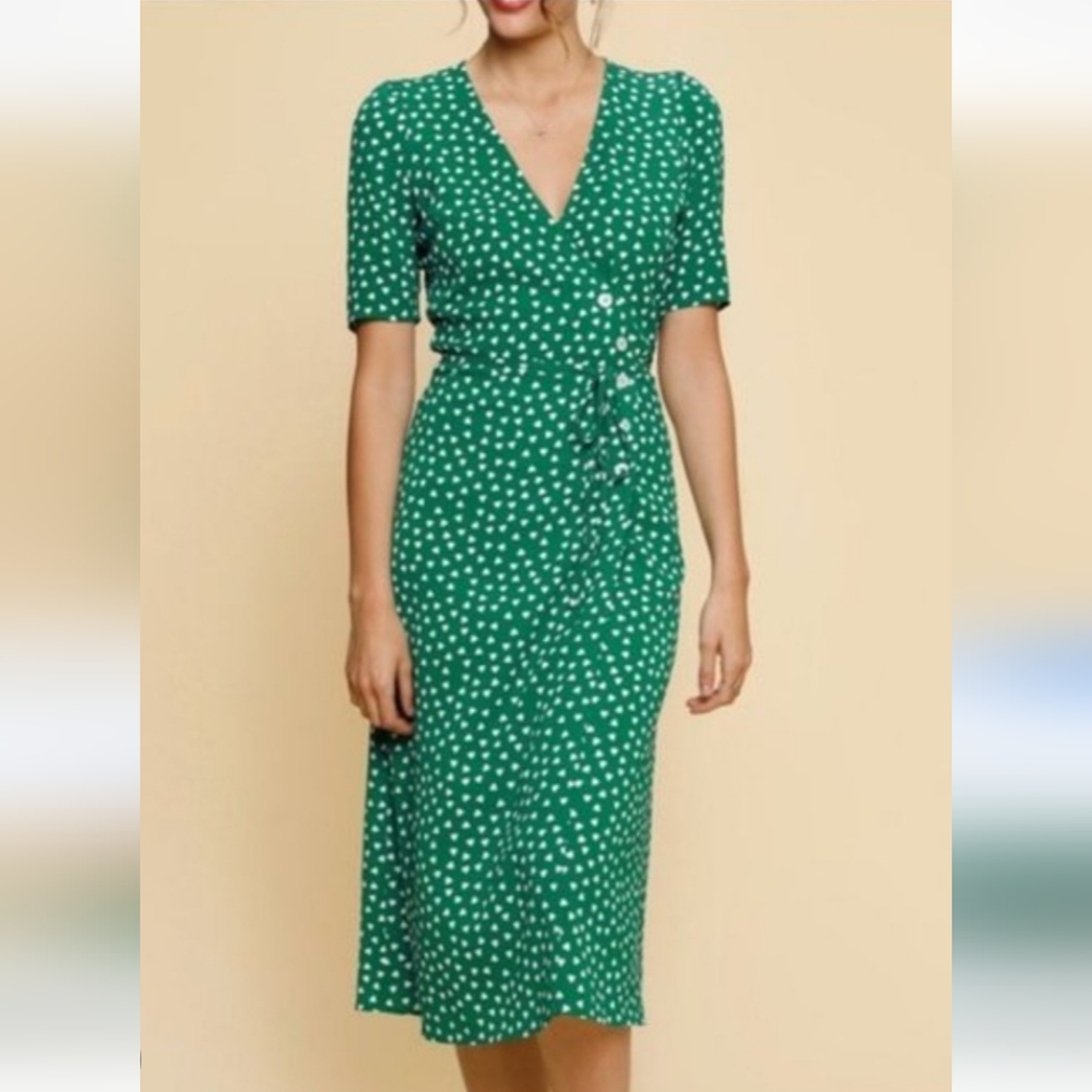 Rouje Gabin Wrap Front Button Dress, Green with White Hearts, Size 34/XS